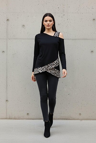 Mossta Leopard Detailed Long Sleeve Low-Cut Viscose Blouse - Black