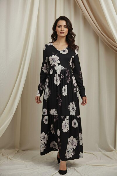 Mossta Long Sleeve V-Neck Single Jersey Floral Print Dress - Black