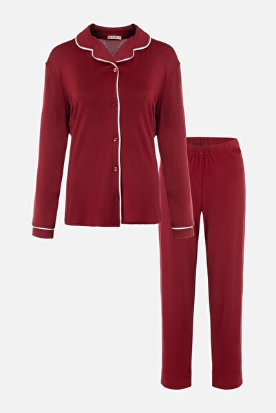 koza iç giyim Kadın Viskon - Yumuşak Dokulu Düğmeli Biyeli Bol Paça Pijama Ta...