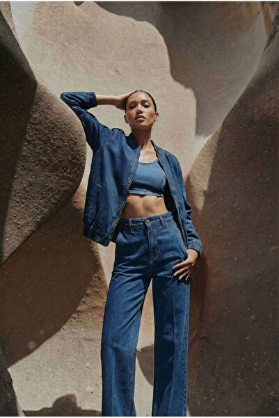 Bluewhite Women's Navy Blue Bomber Denim Jacket