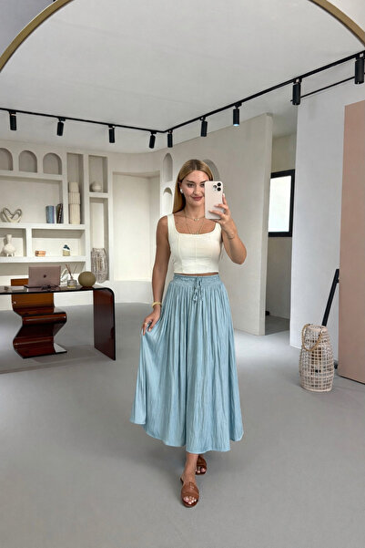 Sezgi Tekin Bel Lastikli Kırışık Doku Saten Midi Turkuaz Etek