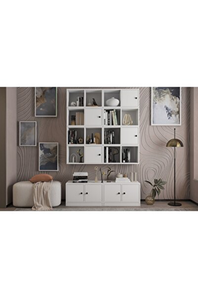 Nettrends Eva 16 Duvar Raflı 8 Kapaklı Modern Beyaz Kitaplık