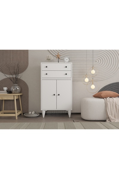 Nettrends Sandara 4 Çekmeceli 2 Kapaklı Ayaklı Modern Tasarım Beyaz Konsol MR...