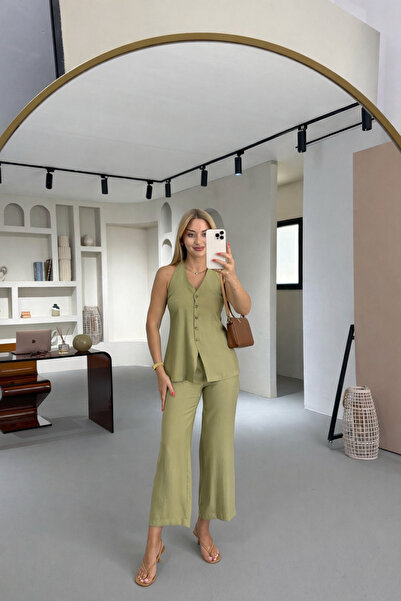 Sezgi Tekin Bone Button Detail Khaki Flare Trousers