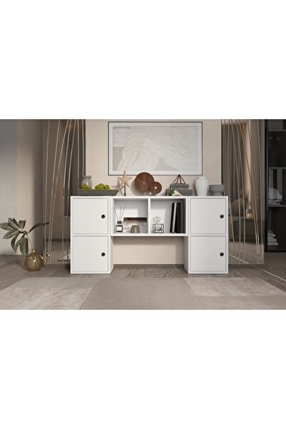Nettrends Sandara 4 Kapaklı 2 Açık Raflı Özel Tasarım Beyaz Konsol MRV-KNS-0014