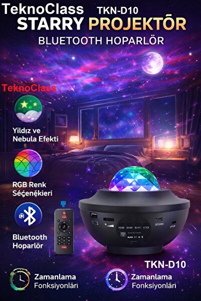 TeknoClass Galaksi Projektör Lazer Disco Topu Bluetooht Ses Bombası Gece Lamb...