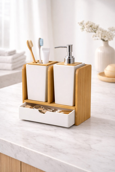 DİVAYS Bambu Çekmeceli Banyo Aksesuar Seti Sıvı Sabunluk ve Diş Fırçalık Düze...