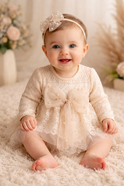 Mary&Joe Kız Bebek Ekru Dantelli Tüllü Elbise ve İncili Saç Bandı Seti