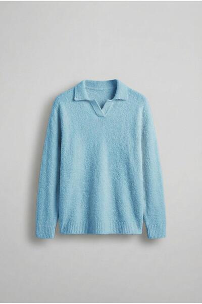 ablukaonline سترة رجالية بياقة بولو ناعمة الملمس قصة فضفاضة باللون الأزرق الفاتح