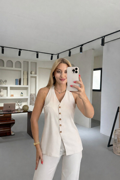 Sezgi Tekin Πέτρινο γιλέκο με λεπτομέρεια πλάτης με κουμπιά