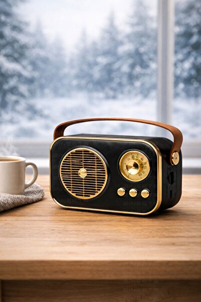 Zineets Nostaljik Radyo Fm Ahşap Görünümlü Bluetooth Hoparlör Siyah Renk Vint...