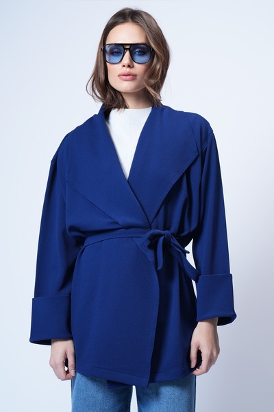 Trend Alaçatı Stili Kadın Lacivert Şal Yaka Kendinden Dokulu Kemerli Uzun Cek...