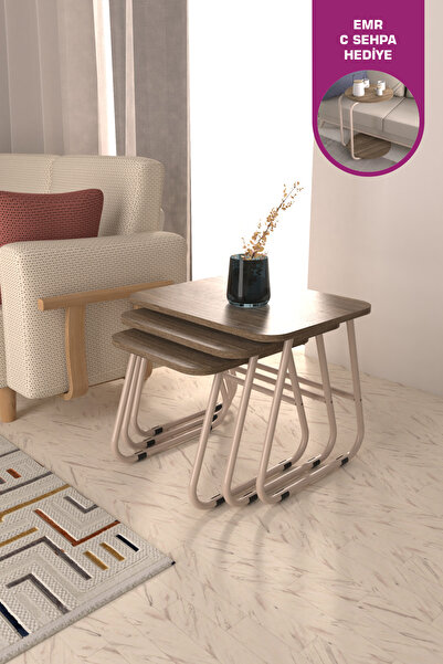 VİLİNZE Zigana Çok Amaçlı Vizon Metal Ayak 3'lü Kestane MDF Zigon Sehpa