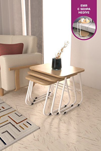 VİLİNZE Zigana Çok Amaçlı Beyaz Metal Ayak 3'lü Naturel MDF Zigon Sehpa