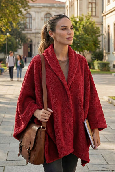 AQUABERRY Çıtçıtlı Premium Omuz Şalı Panço - Bordo