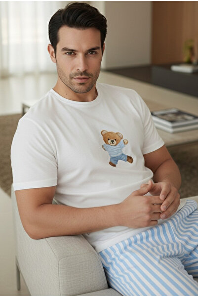 Siyah İnci إكرو خط أبيض وأزرق منقوشة مطبوعة بأكمام قصيرة محبوك بدلة بيجامة لل...