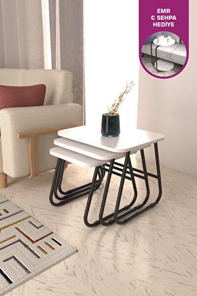 VİLİNZE Zigana Çok Amaçlı Siyah Metal Ayak 3'lü Beyaz Zigon Sehpa