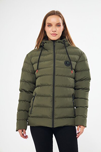 D1fference Kadın Haki Astarlı Rüzgar Geçirmez Kapüşonlu Şişme Mont