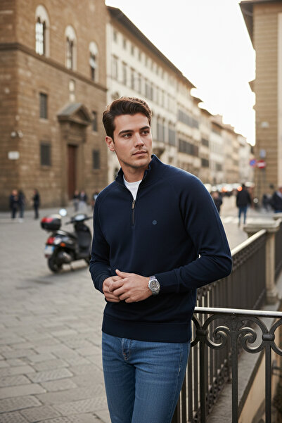 Buratti Hanorac pentru bărbați din bumbac, cu jumătate de fermoar, cu guler r...