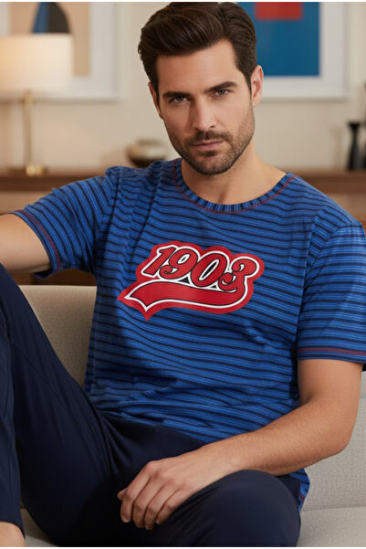 Siyah İnci Saks Navy Blue Stripe Patterned Crew Neck Printed Knitted Pajama S...