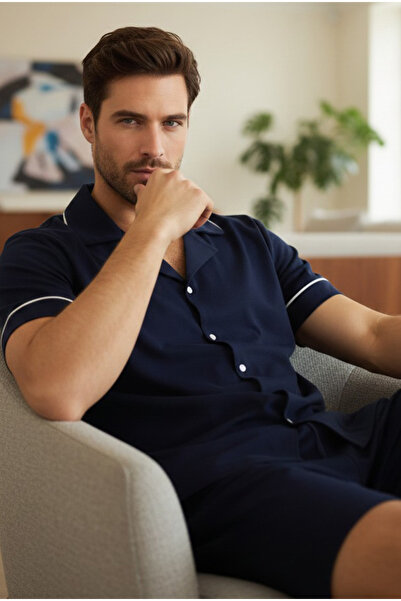 Siyah İnci طقم قميص قطني بأكمام قصيرة للرجال باللون الأزرق الداكن وطية صدر ال...