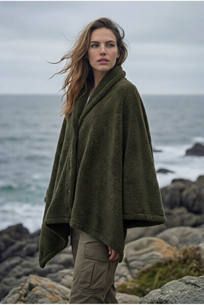 AQUABERRY Çıtçıtlı Premium Omuz Şalı Panço - Haki