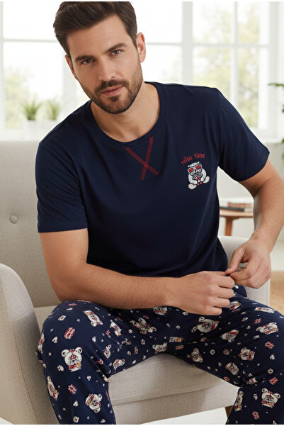 Siyah İnci Σετ πιτζάμες με μπλε μοτίβο Crew Neck Πλεκτό 25109831