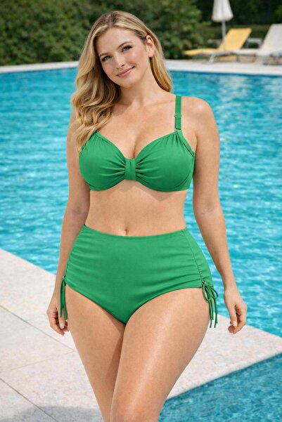 VAJESTO Kadın Yeşil Likralı Esnek Şık Rahat Büyük Beden Telli Balenli Toparla...