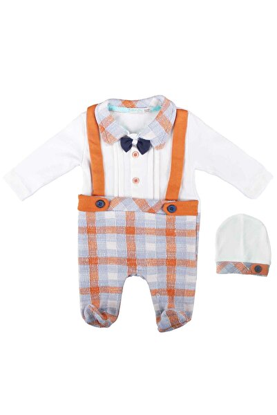 bebegen Erkek Bebek Ekru Turuncu Ekoseli Papyonlu Patikli Tulum