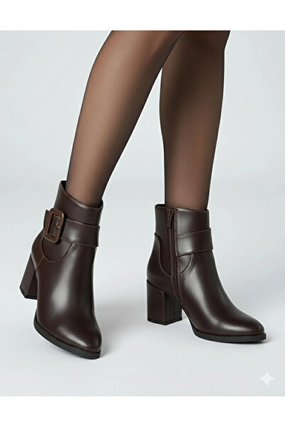 Hepici Kadın Sivri Burun Cilt Bot Kahverengi Kare Tokalı Günlük Şık Tasarım