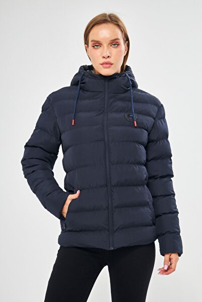 D1fference Kadın Lacivert Astarlı Rüzgar Geçirmez Kapüşonlu Şişme Mont