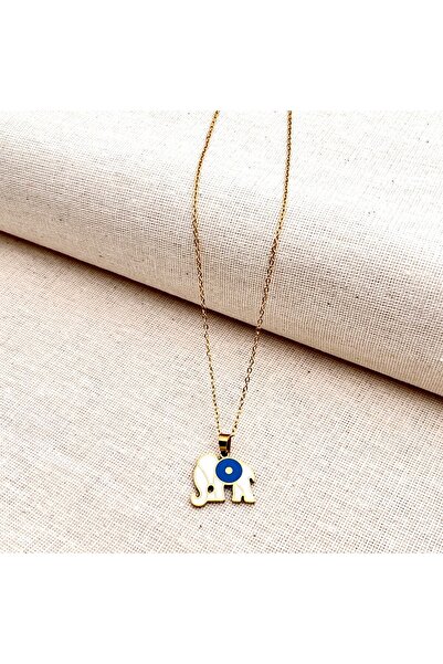 Siya Silver Beyaz Mavi Mineli Fil Motifli Çelik Plaka Kolye - Hediye Kutulu