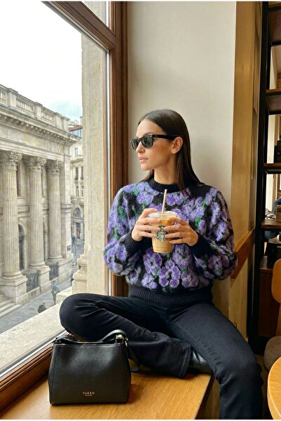 lamea - Kadın Çiçek Desenli Yumuşak dokulu Rahat Triko Kazak -Siyah