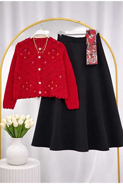 MODA VEDAT Women's Floral Detailed Knitwear Cardigan Skirt Set (the Cardigan ...