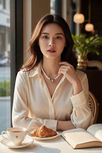 FAYRA ACCESSORIES Beyaz Kristal Taşlı Yonca Figür İnci Kolye