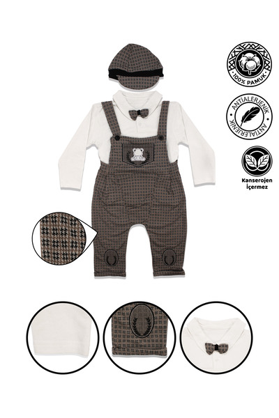 bebegen Bow Tie Teddy Bear Patterned Brown Hat Salopet Jumpsuit