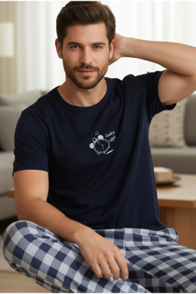 Siyah İnci بدلة بيجامة محبوكة بياقة دائرية ومطبوعة باللون الأزرق الداكن 25109848