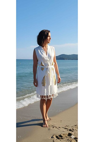 Nevin Acar Halat de baie de plajă din bambus, fără mâneci, cu frunze galbene