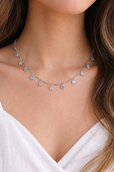 charmove ile kendinizi şımartın Women's Silver Color Square Cut Blue Stone El...
