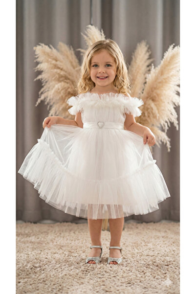 ay yılmaz Kız Çocuk Pürpür Abiye Elbise Ekstra Tül Detaylı Beli Lastikli BEYAZ