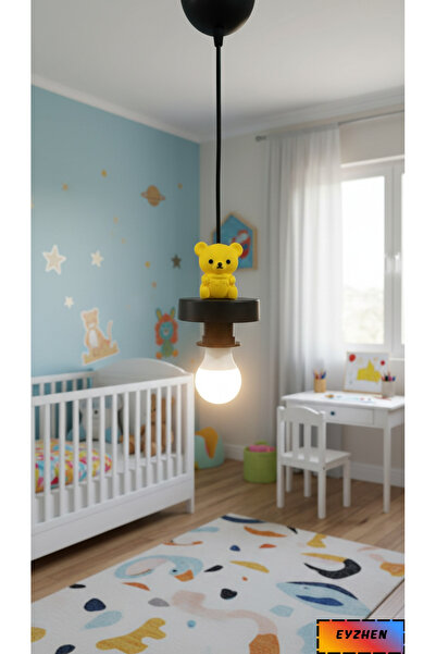 Eyzhen Bebek/Çocuk Odası El Yapımı Taş Ayıcık Figürlü Tekli Sarkıt Lamba