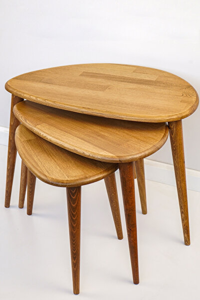 vornom 3'lü Masif Gerçek Meşe Ağacı Zigon Orta Sehpa Takımı