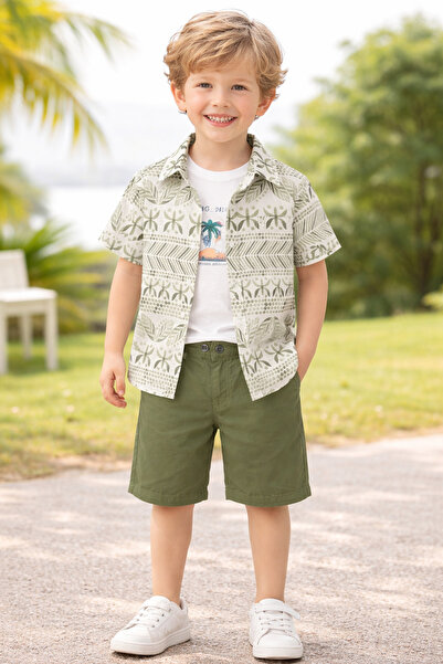 Chicsy Baby Tarz Gömlek Yaprak Desenli Belden Ayarlanabilir Kısa Kollu Şortlu...