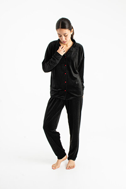 Ecrou Women's Black Plain Peter Pan collar Velvet 2-Piece Set