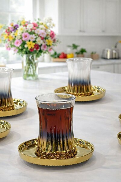 isra kristal طقم شاي زجاجي ذهبي فاخر مكون من 6 قطع - طقم أكواب وصحون أنيق - ط...