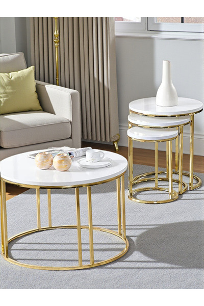 SEDAŞ LIVING UNITS 4 Lü Tam Beyaz Suntalam Gold Metal Ayaklı Cam C Model Sehp...