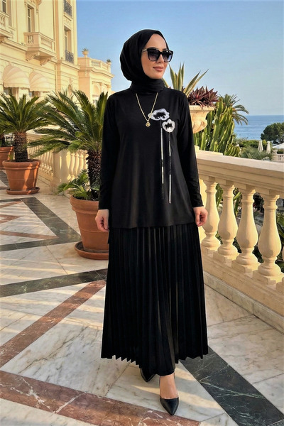 modamira Kadın Sandy Siyah tarz özel davet anne Büyük Beden Piliseli İkili Te...