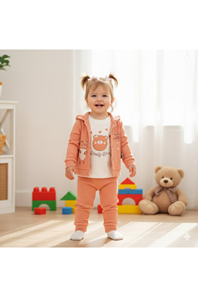 KİDSERİA Bear Printed Baby Girl 3-Piece Set / Salmon