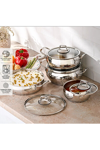 Emsan 8 Parça Paslanmaz Çelik Tencere Seti - Ergonomik Saplı Şık Tasarım