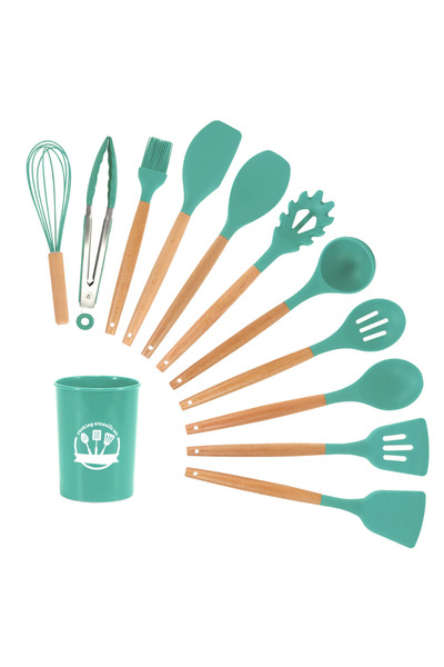 OEM Set de 12 ustensile de bucătărie din lemn/silicon verde